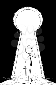 Cartoon stick man drawing conceptual illustration of businessman standing in front of keyhole and need to decide. Business concept of dream and decision.
