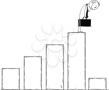 Cartoon stick man drawing conceptual illustration of businessman standing on top of chart and watching low profit data. Business concept of bankrupt and crisis.