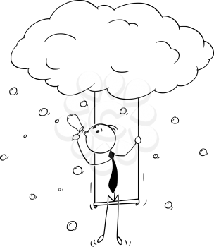 Cartoon stick man drawing conceptual illustration of businessman flying on cloud. Business concept of creativity and individuality.
