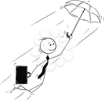 Cartoon stick man drawing conceptual illustration of businessman flying on umbrella. Business concept of creativity and individuality.