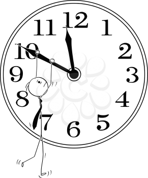 Cartoon stick man drawing conceptual illustration of businessman hanging on clock hand. Business metaphor of deadline and stress.