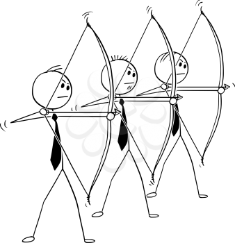 Cartoon stick man drawing conceptual illustration of three businessmen with bow and arrow in shooting pose. Business concept of competition or teamwork.