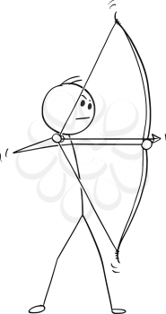 Cartoon stick man drawing illustration of sport or hunting archer in shooting pose with bow and arrow.