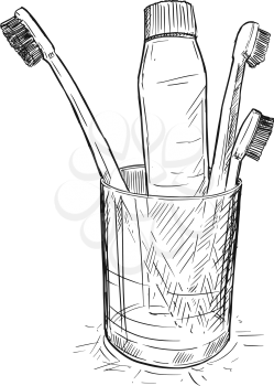 Vector artistic pen and ink hand drawing illustration of toothbrushes and toothpaste in glass cup in bathroom.