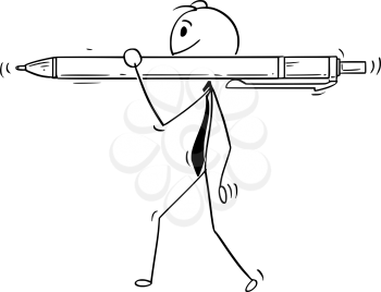 Cartoon stick man drawing conceptual illustration of businessman carry big and large pen.
