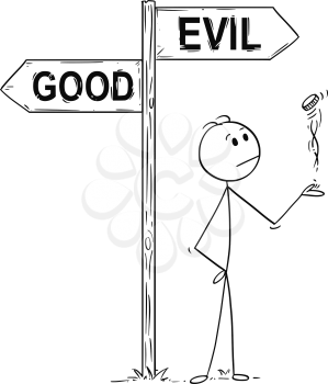 Cartoon stick man drawing conceptual illustration of businessman making decision by tossing, flipping or spinning a coin, standing on the crossroad with good or evil arrow sign. Business concept of luck, coincidence and chance.
