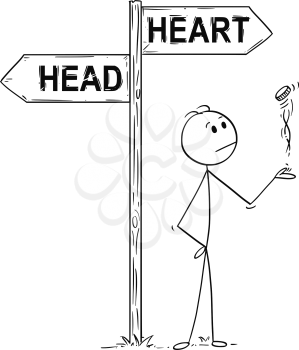 Cartoon stick man drawing conceptual illustration of businessman making decision by tossing, flipping or spinning a coin, standing on the crossroad with head or heart arrow sign. Business concept of luck, coincidence and chance.