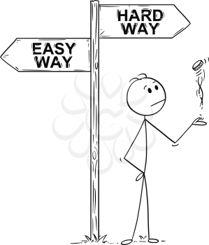 Cartoon stick man drawing conceptual illustration of businessman making decision by tossing, flipping or spinning a coin, standing on the crossroad with easy or hard way arrow sign. Business concept of luck, coincidence and chance.