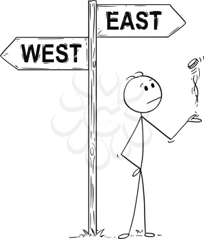 Cartoon stick man drawing conceptual illustration of politician or businessman making decision by tossing, flipping or spinning a coin, standing on the crossroad with west or east arrow sign. Business concept of luck, coincidence and chance.