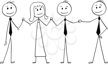 Cartoon stick man drawing conceptual illustration of team of business people standing and holding hands. Business concept of teamwork, success and cooperation.