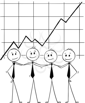 Cartoon stick man drawing conceptual illustration of team of business people standing in front of growing profit graph or chart and holding each other shoulders. Business concept of teamwork, success and startup.