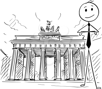 Cartoon stick man drawing conceptual illustration of businessman standing in front of Brandenburg Gate in Berlin. Concept of doing business in Germany.