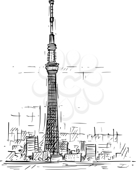 Cartoon sketch drawing illustration of Tokyo Skytree tower in Sumida, Japan.