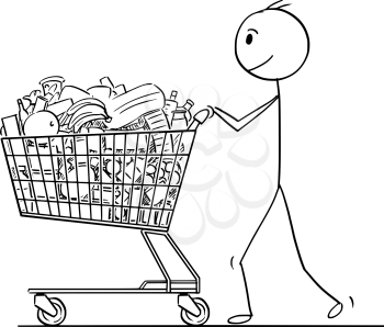 Cartoon stick man drawing conceptual illustration of smiling businessman pushing shopping cart full of goods.