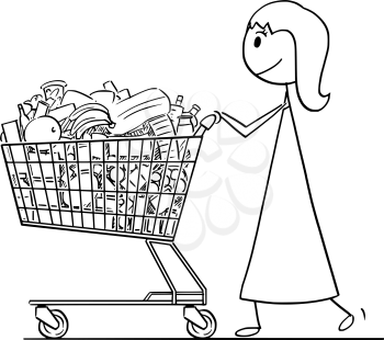Cartoon stick man drawing conceptual illustration of smiling woman or businesswoman pushing shopping cart full of goods.