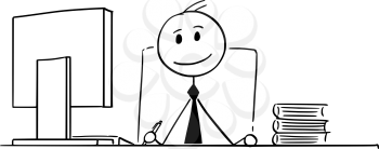 Cartoon stick man drawing conceptual illustration of smiling businessman working in office.