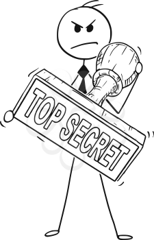 Cartoon stick man drawing conceptual illustration of businessman holding big hand rubber stamp with top secret text. business concept of privacy and concealment .