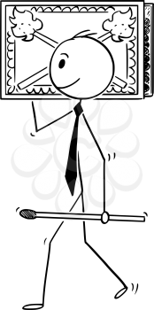 Cartoon stick man drawing conceptual illustration of businessman carry big matchbox or box of matches. Business concept of creativity and problem solving.