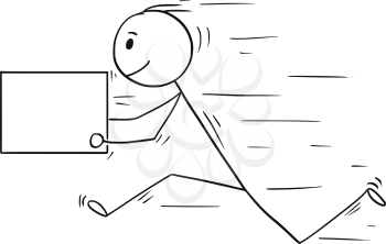 Cartoon stick man drawing conceptual illustration of businessman running fast with delivery box or letter. Usable as empty or blank sign for your text.