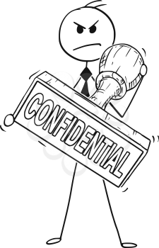 Cartoon stick man drawing conceptual illustration of businessman holding big hand rubber stamp with confidential text. Business concept of privacy and concealment .