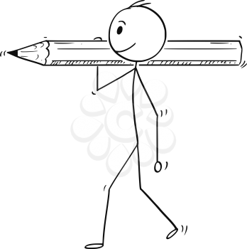 Cartoon stick man drawing conceptual illustration of businessman carrying big pencil. Business concept of paperwork and bureaucracy.