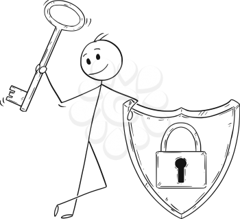Cartoon stick man drawing conceptual illustration of businessman holding locked shield with lock or padlock image and holding key. Business concept of Internet and network security and password protection.