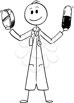 Cartoon stick man drawing conceptual illustration of doctor holding two pills. Concept of healthcare and drug overuse.