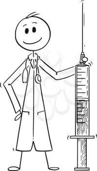 Cartoon stick man drawing conceptual illustration of doctor holding big syringe. Concept pf medicine and healthcare.