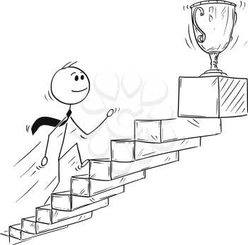 Cartoon stick man drawing conceptual illustration of businessman running up stairs or staircase for trophy cup. Business concept of success and career.