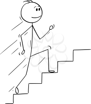 Cartoon stick man drawing conceptual illustration of businessman running up stairs or staircase. Business concept of success and career.