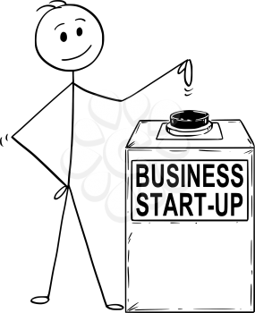 Cartoon stick man drawing conceptual illustration of businessman ready to hit or press the business startup or start-up button. Concept of decision and change.