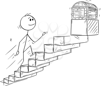 Cartoon stick man drawing conceptual illustration of businessman running up stairs or staircase for treasure chest. Business concept of success and career.