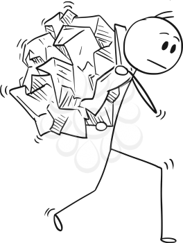 Cartoon stick man drawing conceptual illustration of businessman carrying crumpled paper ball on his back. Business concept of paperwork and bureaucracy.