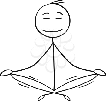 Cartoon stick man drawing conceptual illustration of businessman sitting in yoga lotus position for relaxation and meditation. Concept of healthy lifestyle.