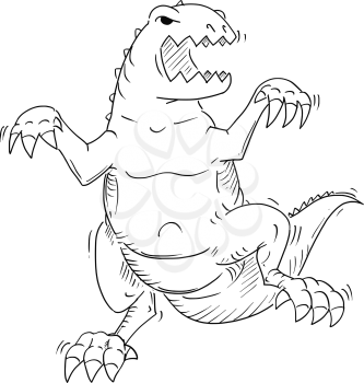 Cartoon drawing conceptual illustration of jurassic tyrannosaur or godzilla like dinosaur monster creature.