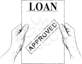 Vector artistic pen and ink drawing illustration of hands holding loan application document or form with approved text. Business concept of good credit.