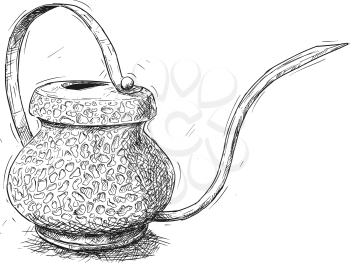 Vector artistic pen and ink drawing illustration of antique brass jug or can for plants watering.