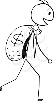Cartoon stick man drawing conceptual illustration of businessman carry large bag of dollar money. Business concept of success and richness.