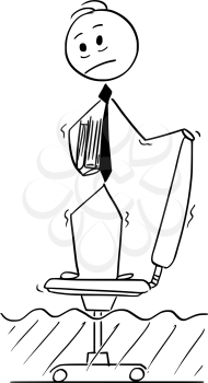 Cartoon stick man drawing conceptual illustration of businessman standing on office chair hiding from rising water. Business concept of ongoing crisis.