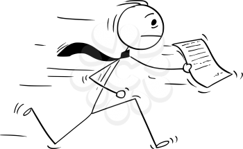 Cartoon stick man drawing conceptual illustration of businessman running with document or piece of paper.