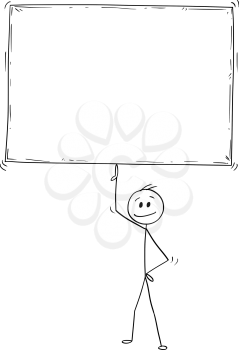 Cartoon stick man drawing conceptual illustration of businessman holding and balancing big empty or blank sign on one finger. Business concept of easiness or ease.