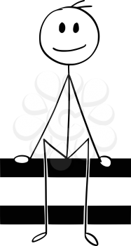 Cartoon stick man drawing conceptual illustration of businessman holding or sitting on big equal or equation sign. Part of set.