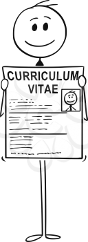 Cartoon stick man drawing conceptual illustration of businessman job seeker applicant holding curriculum vitae or cv or resume. Business concept of career start and job seeking.
