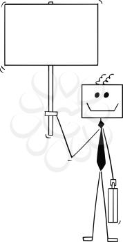 Cartoon stick man drawing conceptual illustration of robot or robotic businessman holding empty or blank sign. Concept of artificial intelligence in business.