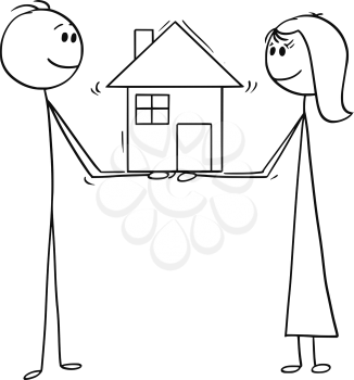 Cartoon stick man drawing conceptual illustration of man and woman holding together the family house of dreams. Concept of real estate investment.
