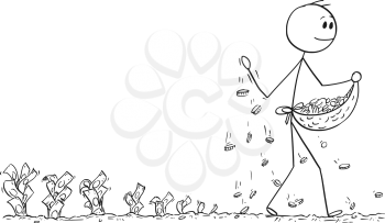Cartoon stick man drawing conceptual illustration of businessman seeding or sowing coins and harvesting bills or banknotes. Business concept of investment and profit.