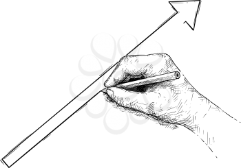 Cartoon conceptual illustration of hand drawing up directing arrow. Concept of growth.