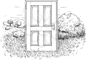Vector artistic pen and ink drawing illustration of closed door in beautiful nature landscape with grass, trees, mountains and sky. Concept of ecology and environmental conservation.