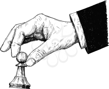 Vector artistic pen and ink drawing illustration of hand holding chess pawn figure. Business concept of strategy and game.