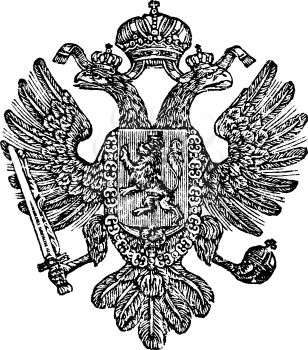 Vintage antique line drawing or engraved illustration of coat of arms of Kingdom of Bohemia as part of Austrian Empire.